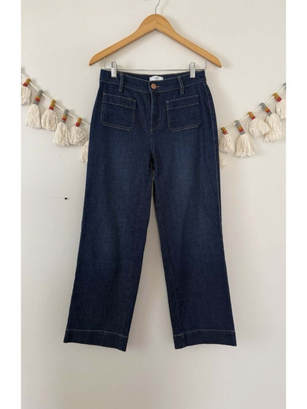 Loft Palmer High Rise Wide Leg Jeans Dark Wash Denim Patch Pockets Size 25P